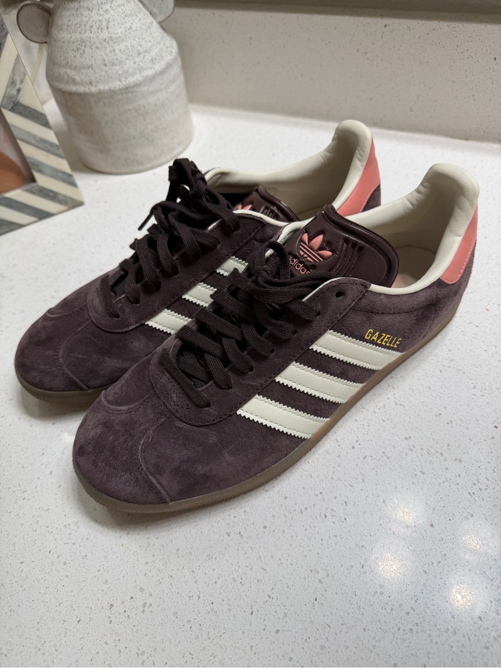 adidas Gazelle - Dark Brownish Plum, White Stripes, Pink Heel & Logo - Picture 6 of 8